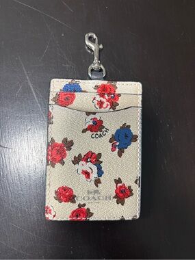 Coach Lanyard Floral Card Holder with Red & Blue Blooms